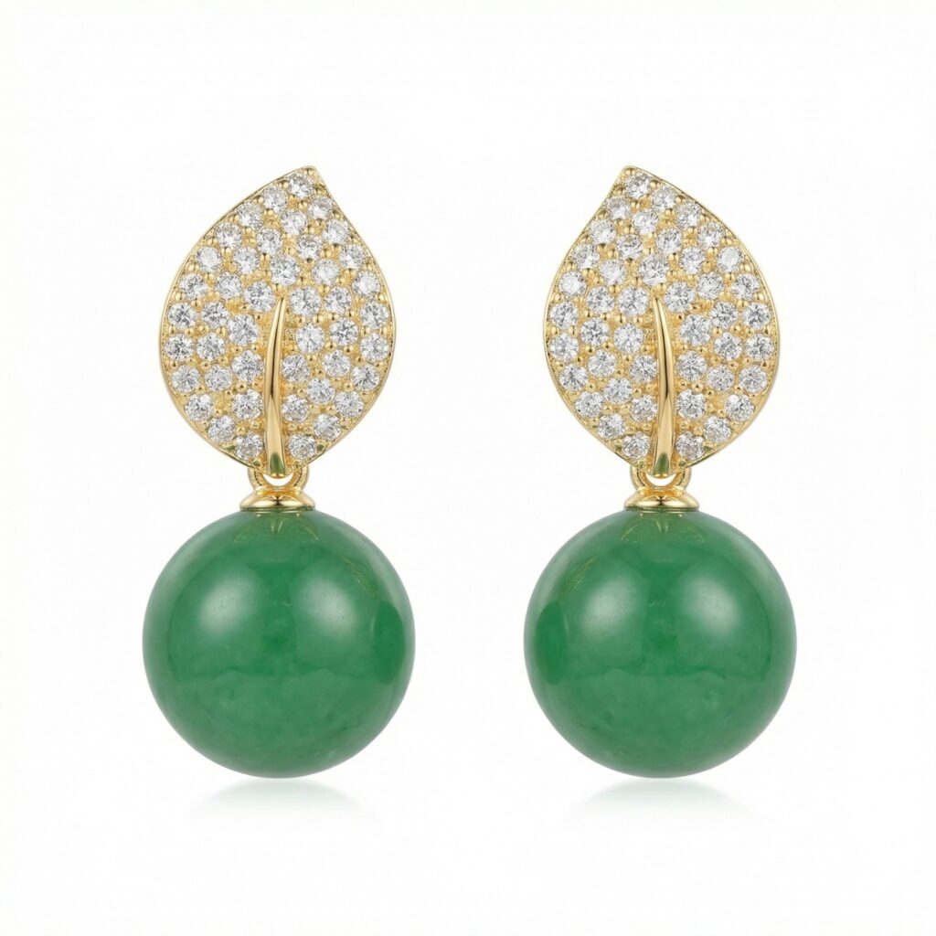 925 Sterling Silver Elegant Nature-Inspired Leaf Pave Accents and Green Jade Spherical Drop Earrings