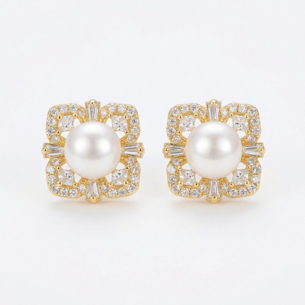 925 Sterling Silver Elegant Lustrous Pearl Studs with Ornate Geometric Gemstone Halo Frame