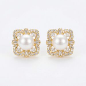 925 Sterling Silver Elegant Lustrous Pearl Studs with Ornate Geometric Gemstone Halo Frame