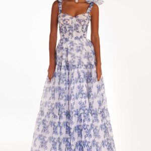 Floral Off-the-shoulder Strap Lace-up Large Swing Skirt Organza Dress