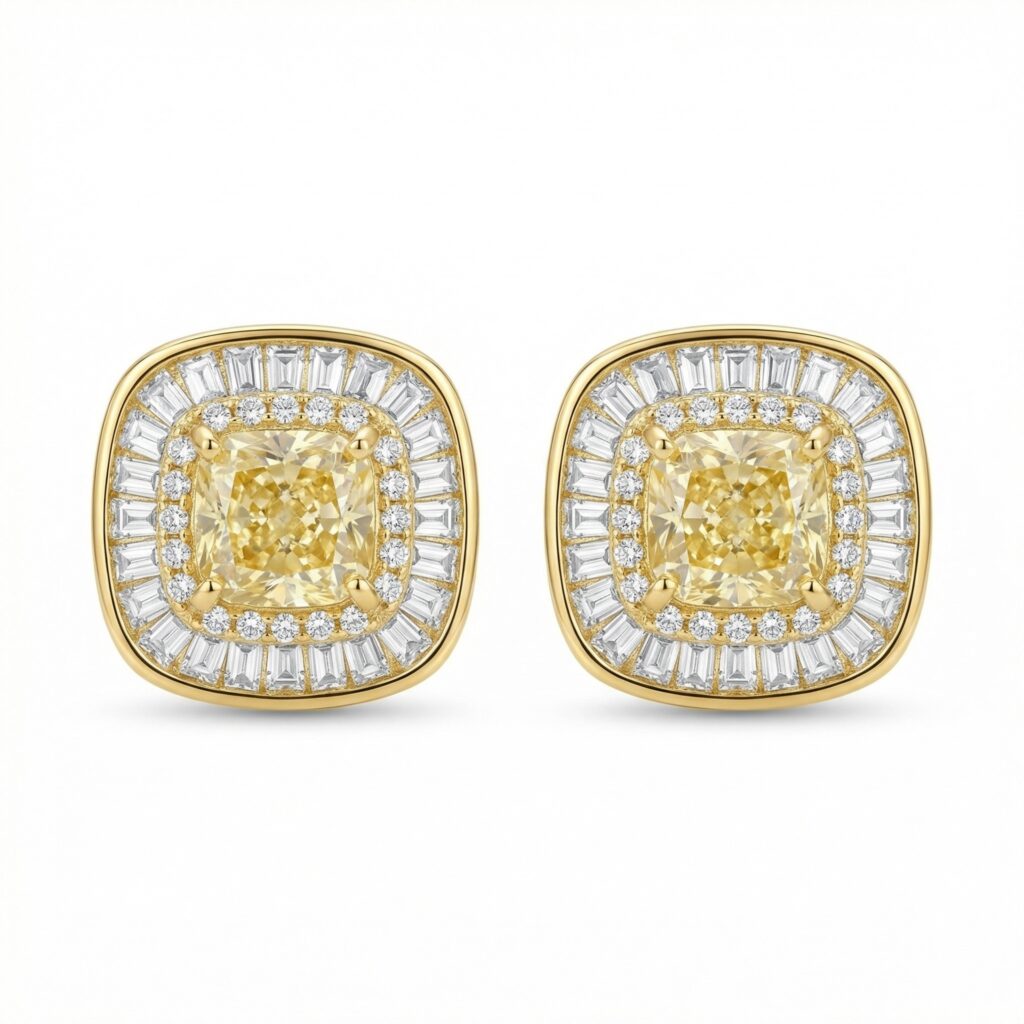 925 Sterling Silver Cushion Canary Gemstone Double Halo Baguette Border Stud Earrings