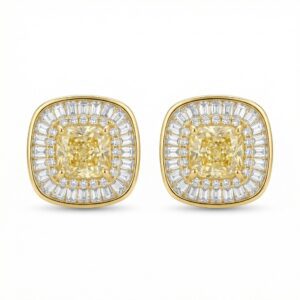 925 Sterling Silver Cushion Canary Gemstone Double Halo Baguette Border Stud Earrings