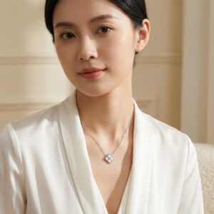 925 Sterling Silver Elegant Silver Mother-of-Pearl and Diamond Floral Pendant Necklace