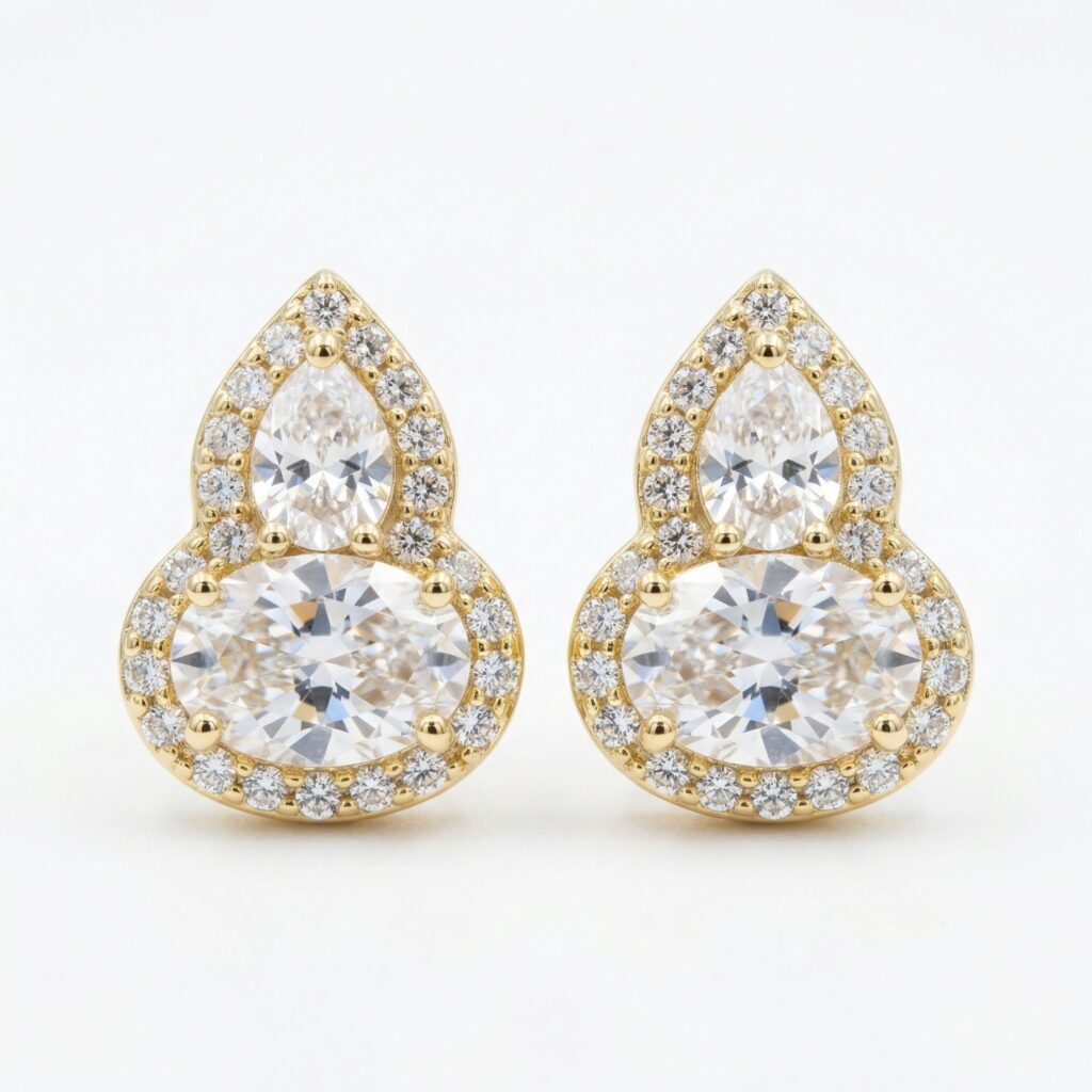 925 Sterling Silver Elegant Pear and Oval Cut Moissanite Halo Stud Earrings