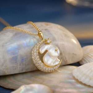 925 Sterling Silver Whimsical Mother of Pearl Rabbit Resting on Sparkling Crescent Moon Pendant Necklace