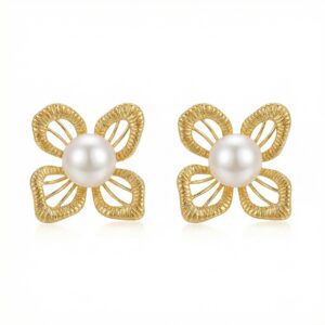 925 Sterling Silver Elegant Pearl and Textured Floral Stud Earrings for Women