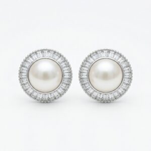 925 Sterling Silver Classic White Pearl Stud Earrings with Sparkling Baguette Halo in Sterling Silver