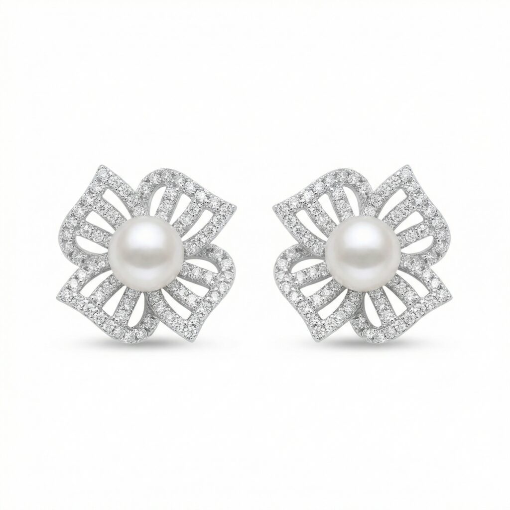 925 Sterling Silver Elegant White Pearl and Diamond Floral Stud Earrings
