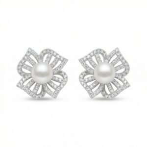 925 Sterling Silver Elegant White Pearl and Diamond Floral Stud Earrings