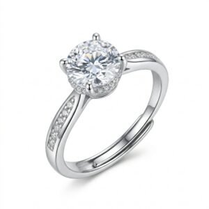 925 Sterling Silver Elegant Round Brilliant Diamond Engagement Ring with Hidden Halo and Pavé Band