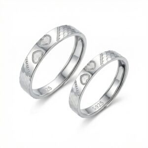 925 Sterling Silver Elegant S925 Sterling Silver Heart Pattern Couple Rings – Romantic Adjustable Jewelry Set