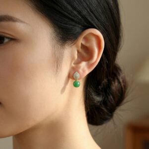 925 Sterling Silver Elegant Nature-Inspired Leaf Pave Accents and Green Jade Spherical Drop Earrings
