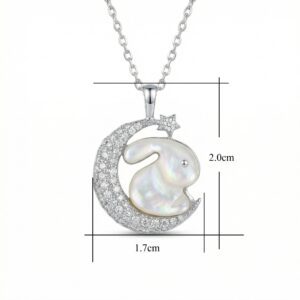 925 Sterling Silver Elegant Mother of Pearl Rabbit and Crescent Moon Pendant Necklace