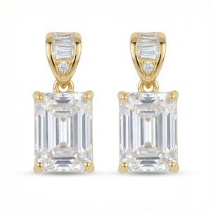 925 Sterling Silver Elegant Emerald-Cut Crystal Drop Earrings with Baguette Accents