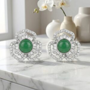 925 Sterling Silver Elegant Green Gemstone Flower Stud Earrings with Shimmering Baguette and Round Accents
