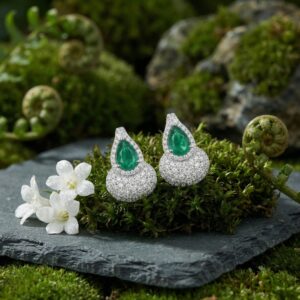 925 Sterling Silver Elegant Pear-Cut Emerald and Diamond Halo Teardrop Earrings with Shimmering Pavé Accents
