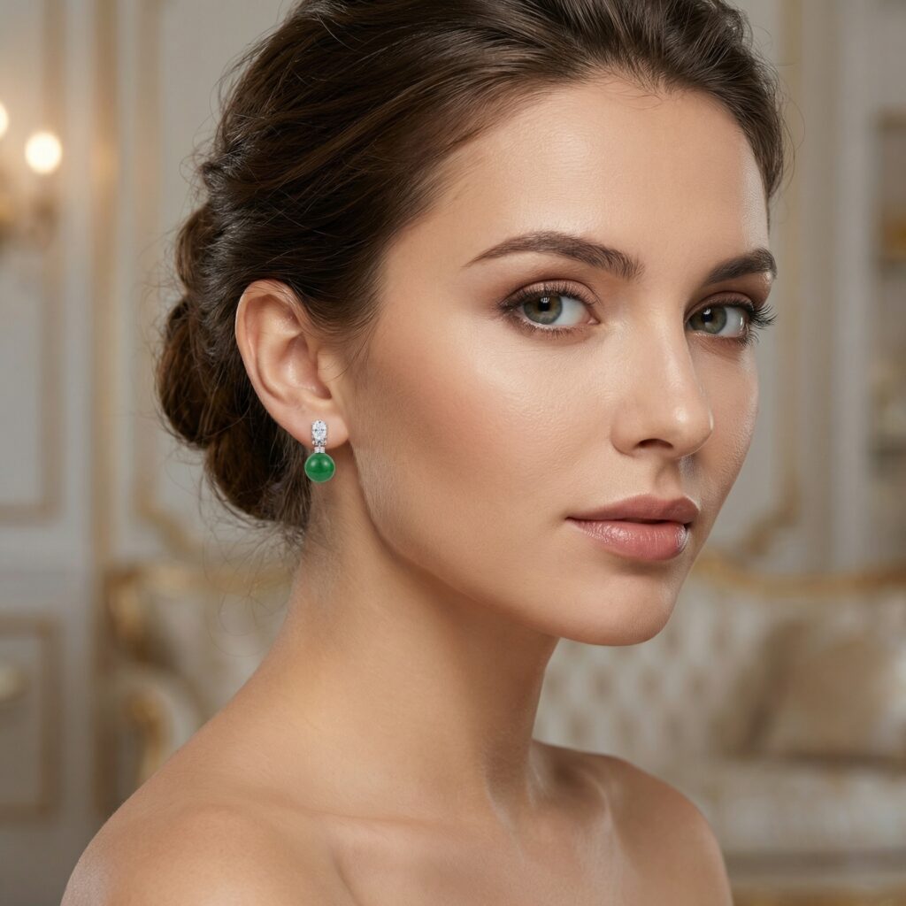 925 Sterling Silver Elegant Green Jade Drop Earrings with Sparkling Oval Gemstone Accents
