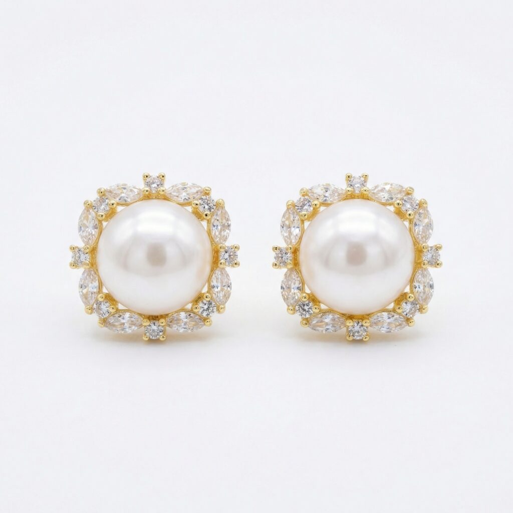 925 Sterling Silver Elegant White Pearl Stud Earrings with Marquise and Round Zirconia Square Halo Settings