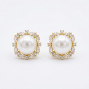 925 Sterling Silver Elegant White Pearl Stud Earrings with Marquise and Round Zirconia Square Halo Settings