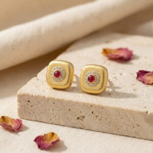 925 Sterling Silver Matte Square Studs Featuring Vibrant Ruby Cabochons and Sparkling Halo Accents