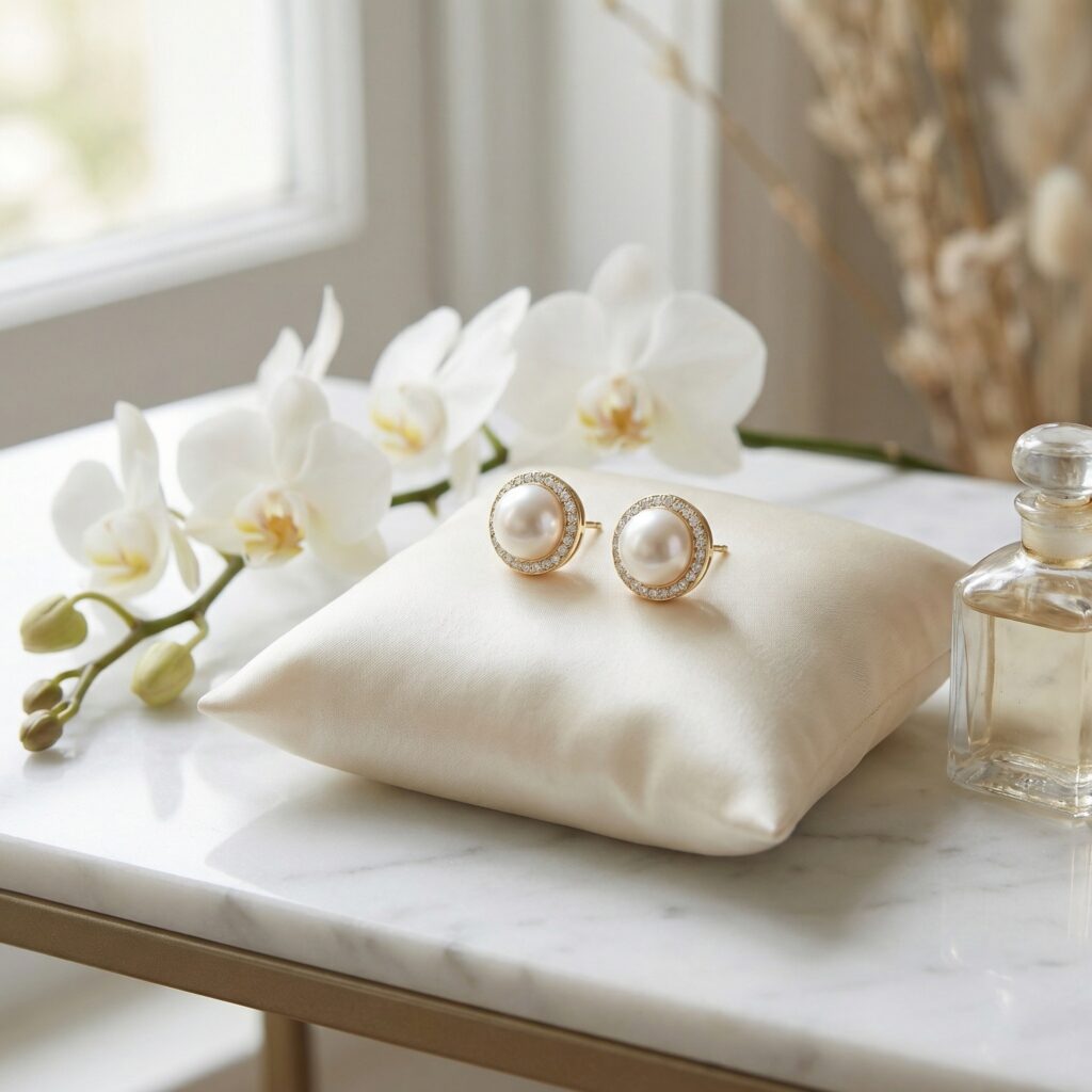 925 Sterling Silver Elegant Pearl and Diamond Halo Stud Earrings