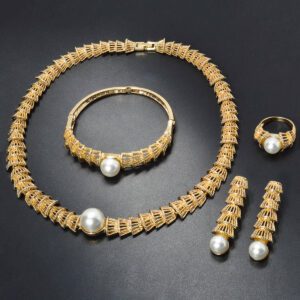 Vintage Jewelry Gold Hollow-Out Pearl Jewelry Four-Piece Set