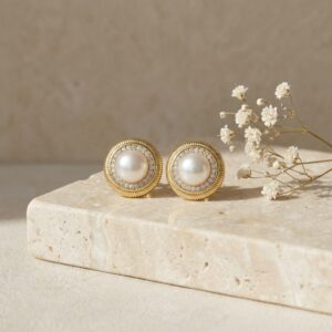 925 Sterling Silver Elegant Cultured Pearl and Sparkling Diamond Textured Halo Stud Earrings