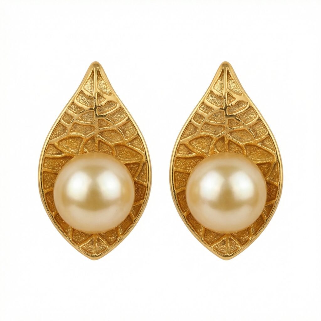 925 Sterling Silver Elegant Nature-Inspired Teardrop Pearl Studs with Intricate Textured Metallic Detailing