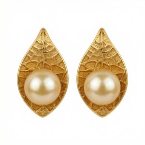925 Sterling Silver Elegant Nature-Inspired Teardrop Pearl Studs with Intricate Textured Metallic Detailing