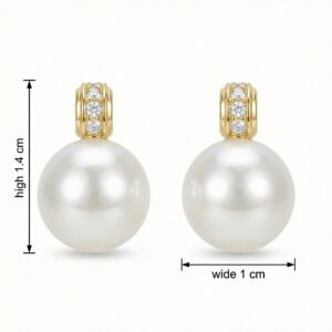 925 Sterling Silver Elegant White Round Pearl Earrings Featuring Shimmering Diamond Accents in Gilded Settings