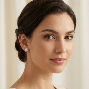 925 Sterling Silver Classic White Pearl Stud Earrings with Sparkling Baguette Halo in Sterling Silver