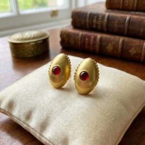 925 Sterling Silver Satin Finish Elliptical Earrings Featuring Crimson Cabochons and Intricate Granulated Borders