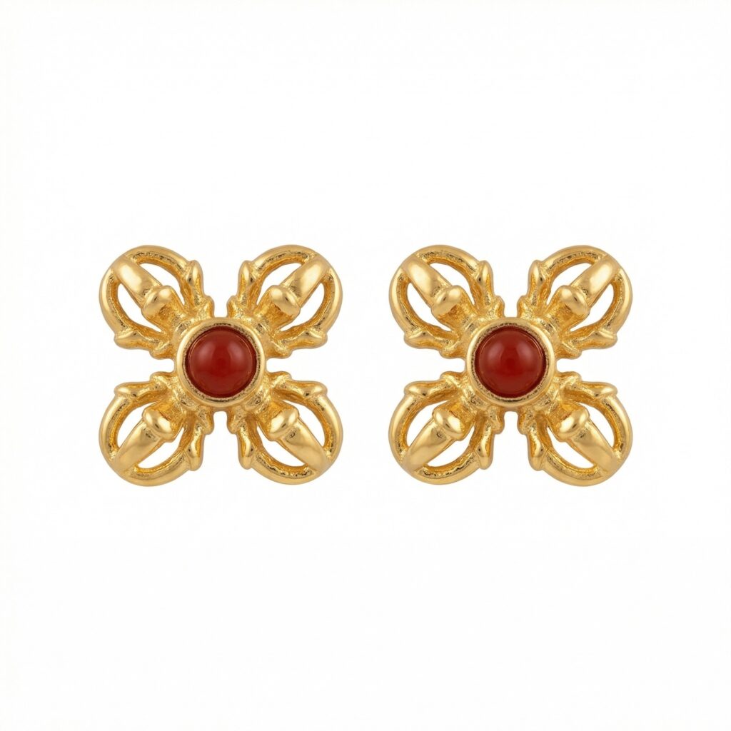 925 Sterling Silver Ornate Gilded Double Vajra Stud Earrings with Vibrant Red Gemstone Accents