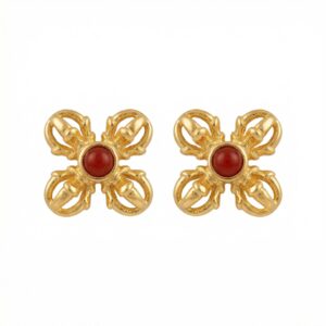 925 Sterling Silver Ornate Gilded Double Vajra Stud Earrings with Vibrant Red Gemstone Accents