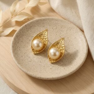 925 Sterling Silver Elegant Nature-Inspired Teardrop Pearl Studs with Intricate Textured Metallic Detailing