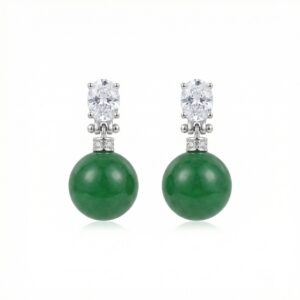 925 Sterling Silver Elegant Green Jade Drop Earrings with Sparkling Oval Gemstone Accents