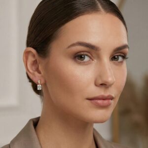 925 Sterling Silver Elegant Emerald-Cut Crystal Drop Earrings with Baguette Accents