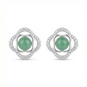 925 Sterling Silver Elegant Green Jadeite Clover Stud Earrings with Sparkling White Accents in Polished White Metal