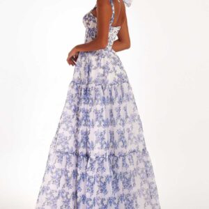 Floral Off-the-shoulder Strap Lace-up Large Swing Skirt Organza Dress