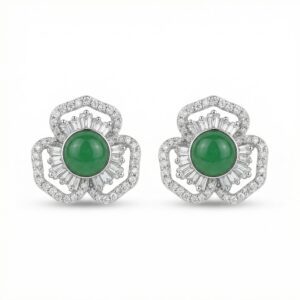 925 Sterling Silver Elegant Green Gemstone Flower Stud Earrings with Shimmering Baguette and Round Accents