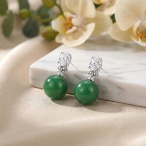 925 Sterling Silver Elegant Green Jade Drop Earrings with Sparkling Oval Gemstone Accents
