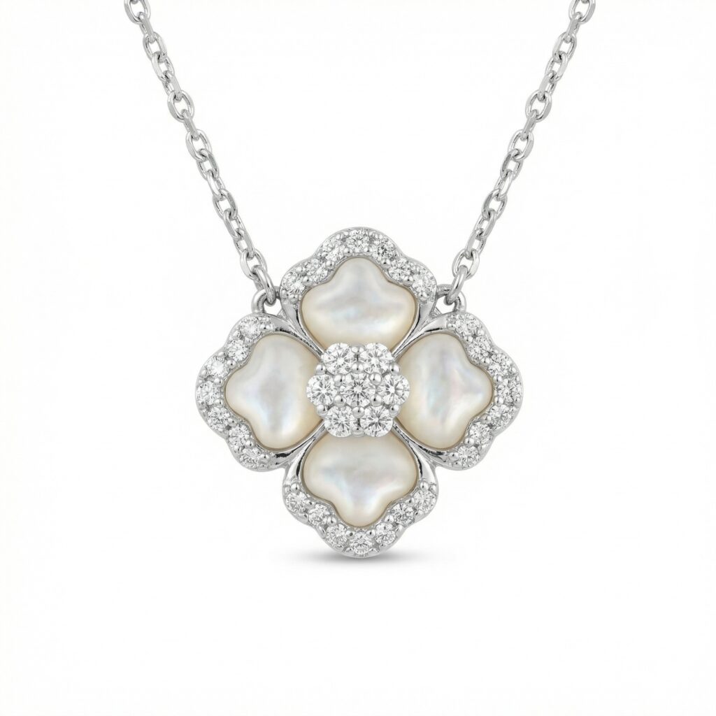 925 Sterling Silver Elegant Silver Mother-of-Pearl and Diamond Floral Pendant Necklace