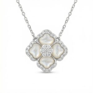 925 Sterling Silver Elegant Silver Mother-of-Pearl and Diamond Floral Pendant Necklace