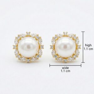 925 Sterling Silver Elegant White Pearl Stud Earrings with Marquise and Round Zirconia Square Halo Settings