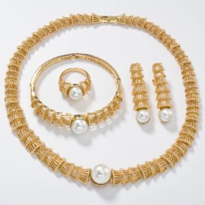 Vintage Jewelry Gold Hollow-Out Pearl Jewelry Four-Piece Set