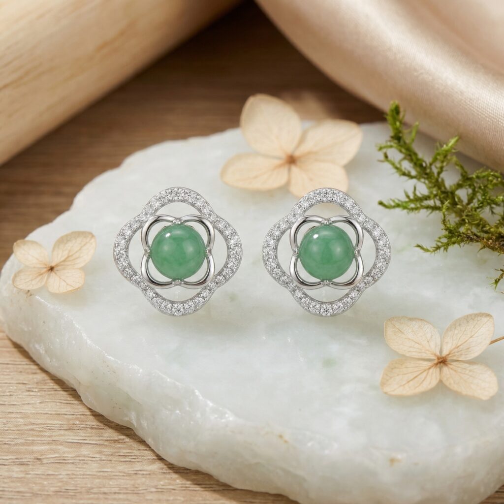925 Sterling Silver Elegant Green Jadeite Clover Stud Earrings with Sparkling White Accents in Polished White Metal