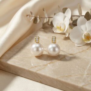 925 Sterling Silver Elegant White Round Pearl Earrings Featuring Shimmering Diamond Accents in Gilded Settings