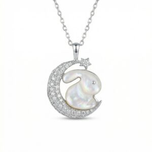 925 Sterling Silver Elegant Mother of Pearl Rabbit and Crescent Moon Pendant Necklace