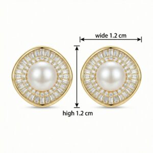 925 Sterling Silver Elegant Pearl Stud Earrings with Baguette and Round Diamond Sunburst Halo