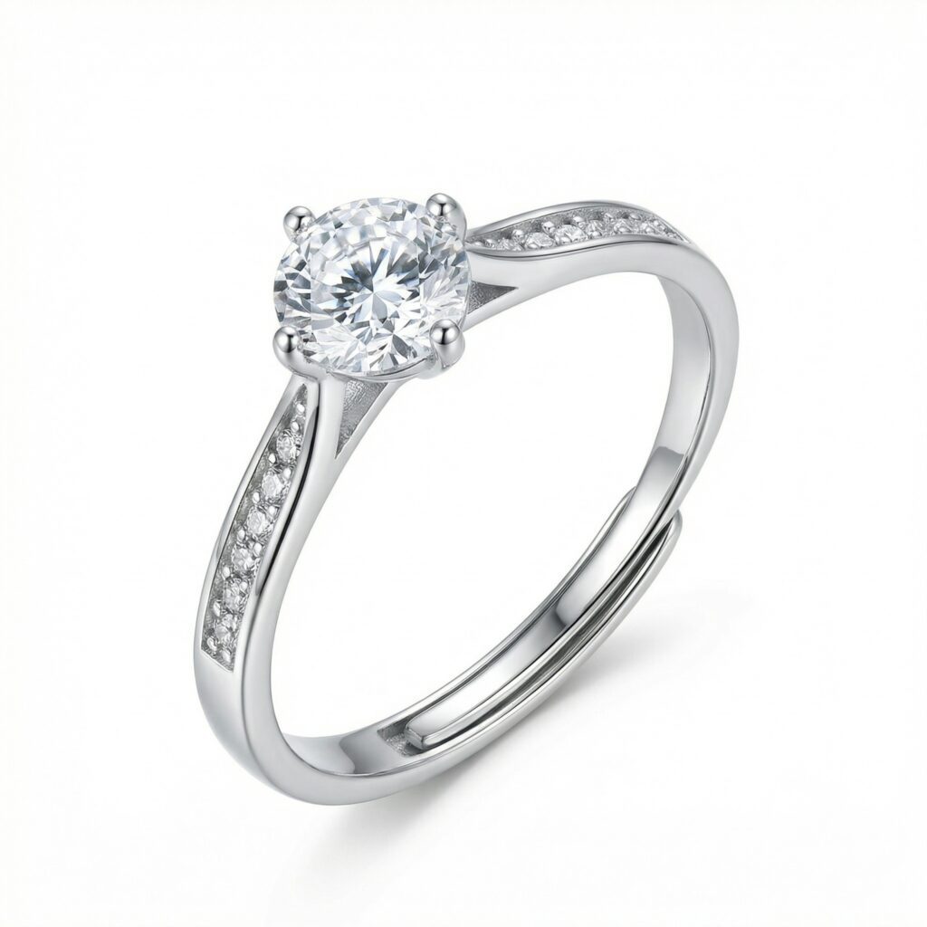 925 Sterling Silver Elegant Round Cut Solitaire Ring with Sparkling Diamond Accents and Adjustable Band